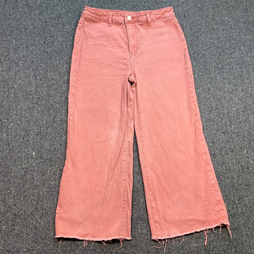 Zenana Wide Leg Pants Sz M Womens Pink Boho Skater Frayed Hem High Rise Cropped